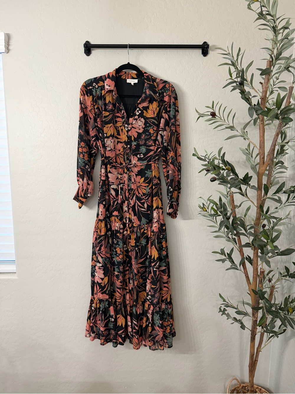 Böhme Summer Floral Button Long Sleeve Midi Dress w/ Collar
